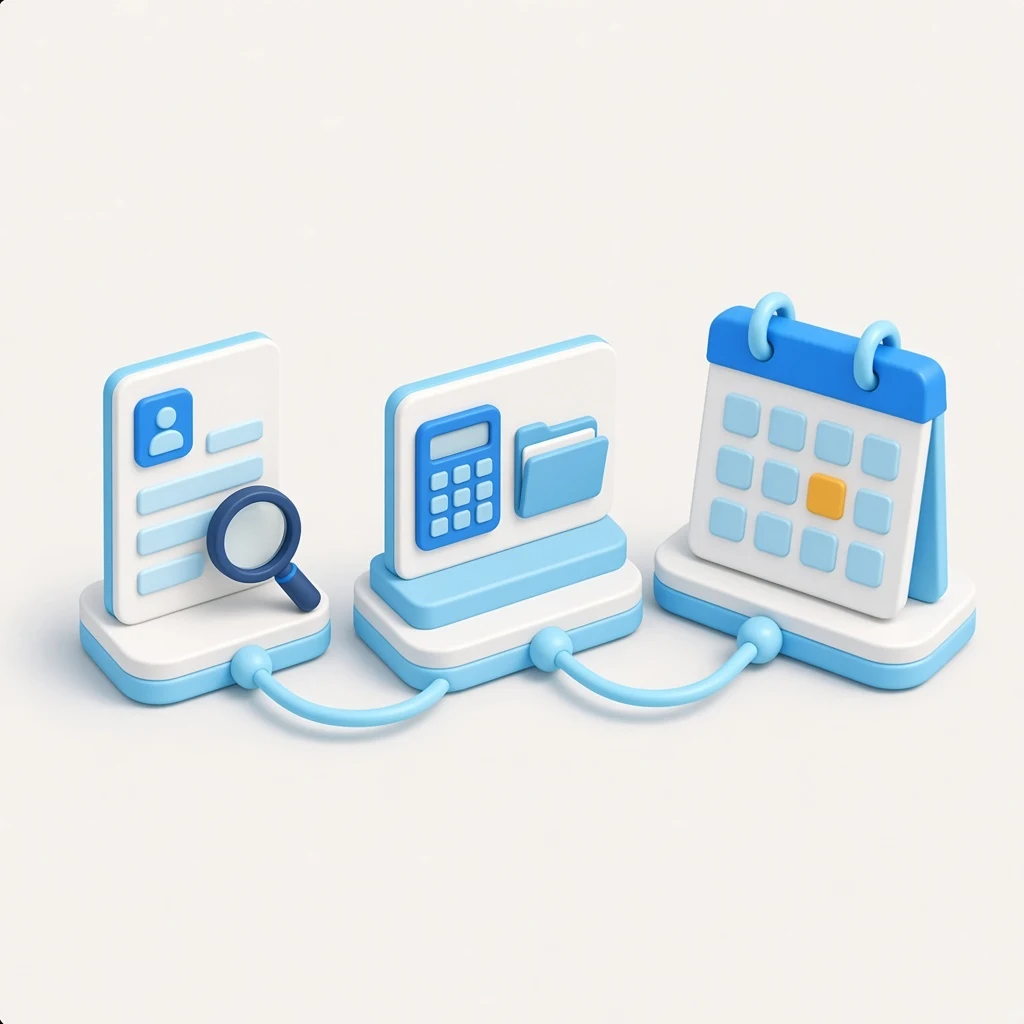 3D illustration of an accounting consultation journey from document search to service clarity to a booked consult