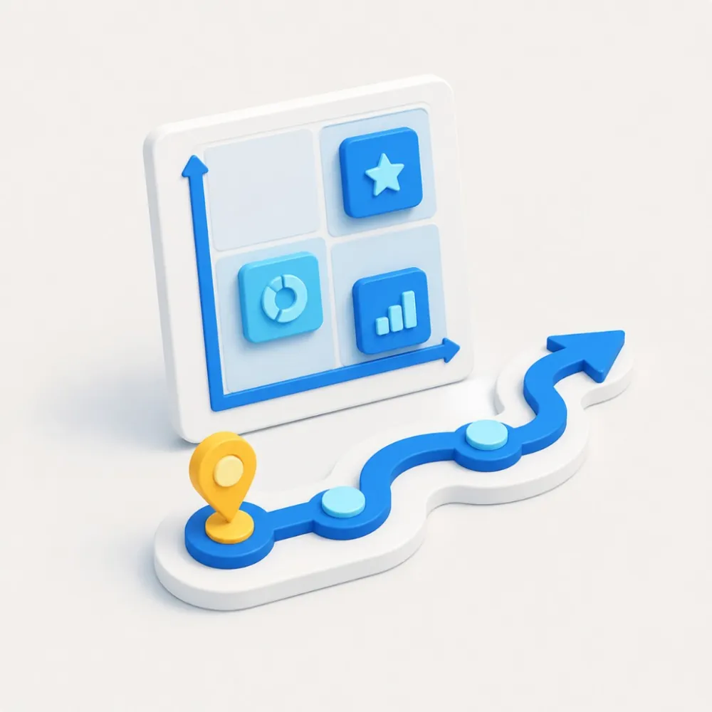 3D illustration of an AI audit dashboard with a winding priority roadmap from current state to next milestone