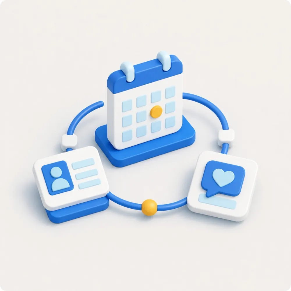 3D illustration of a clinic care loop connecting calendar, patient record, and follow-up messaging