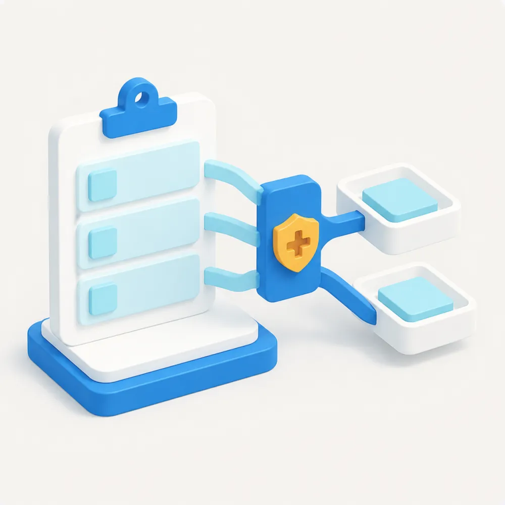 3D illustration of secure clinic intake routing patient records through a protected workflow into organized queues