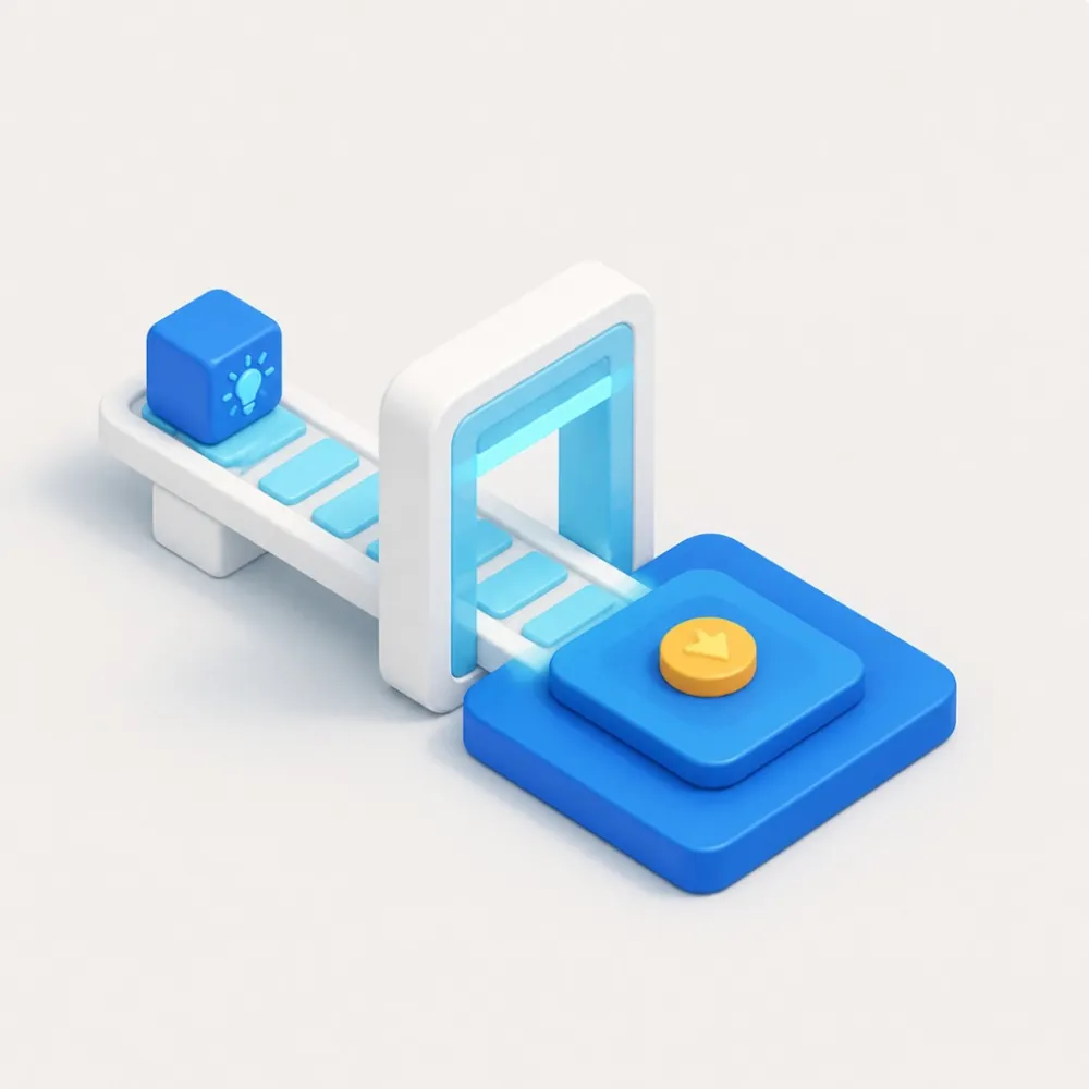 3D illustration of an idea moving along a conveyor through processing onto a launch platform