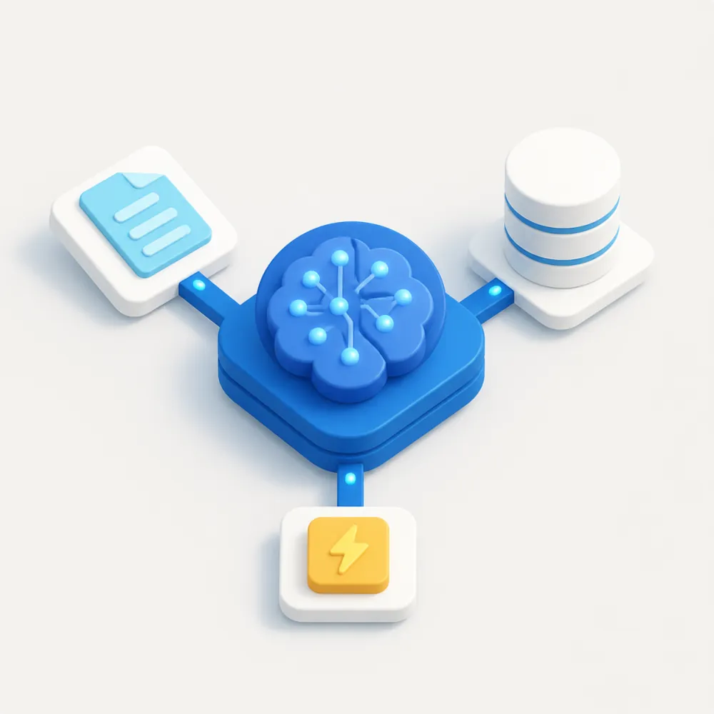 3D illustration of an AI implementation hub connecting documents, databases, and high-speed automation for small business software
