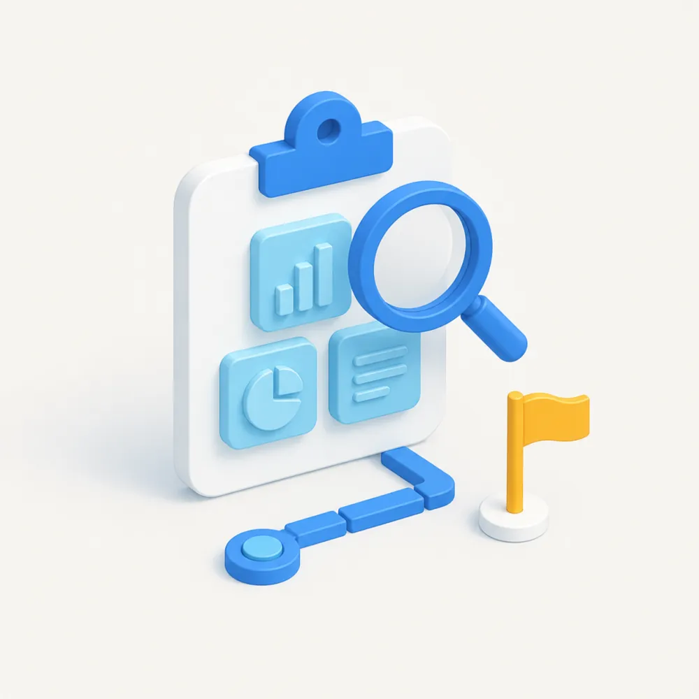 3D illustration of an AI roadmap and audit with data charts, a magnifying glass, and a flagged milestone path