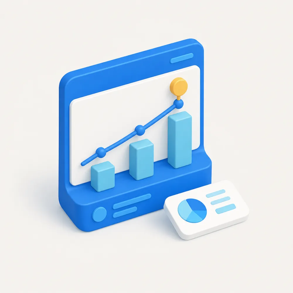 3D illustration of an analytics dashboard with growth charts, bar graphs, and a monthly performance report