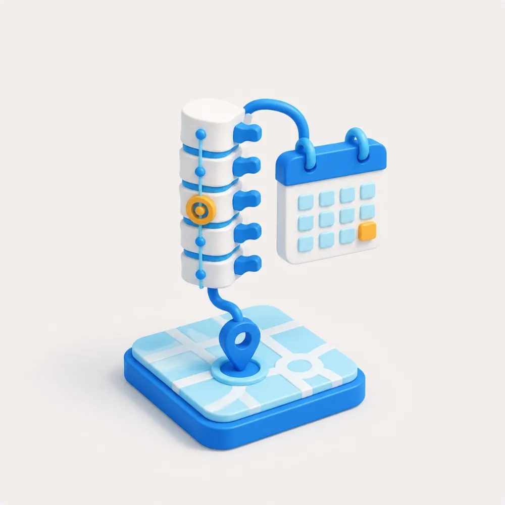 3D illustration of a local map pin connected to spinal records and a chiropractic appointment calendar