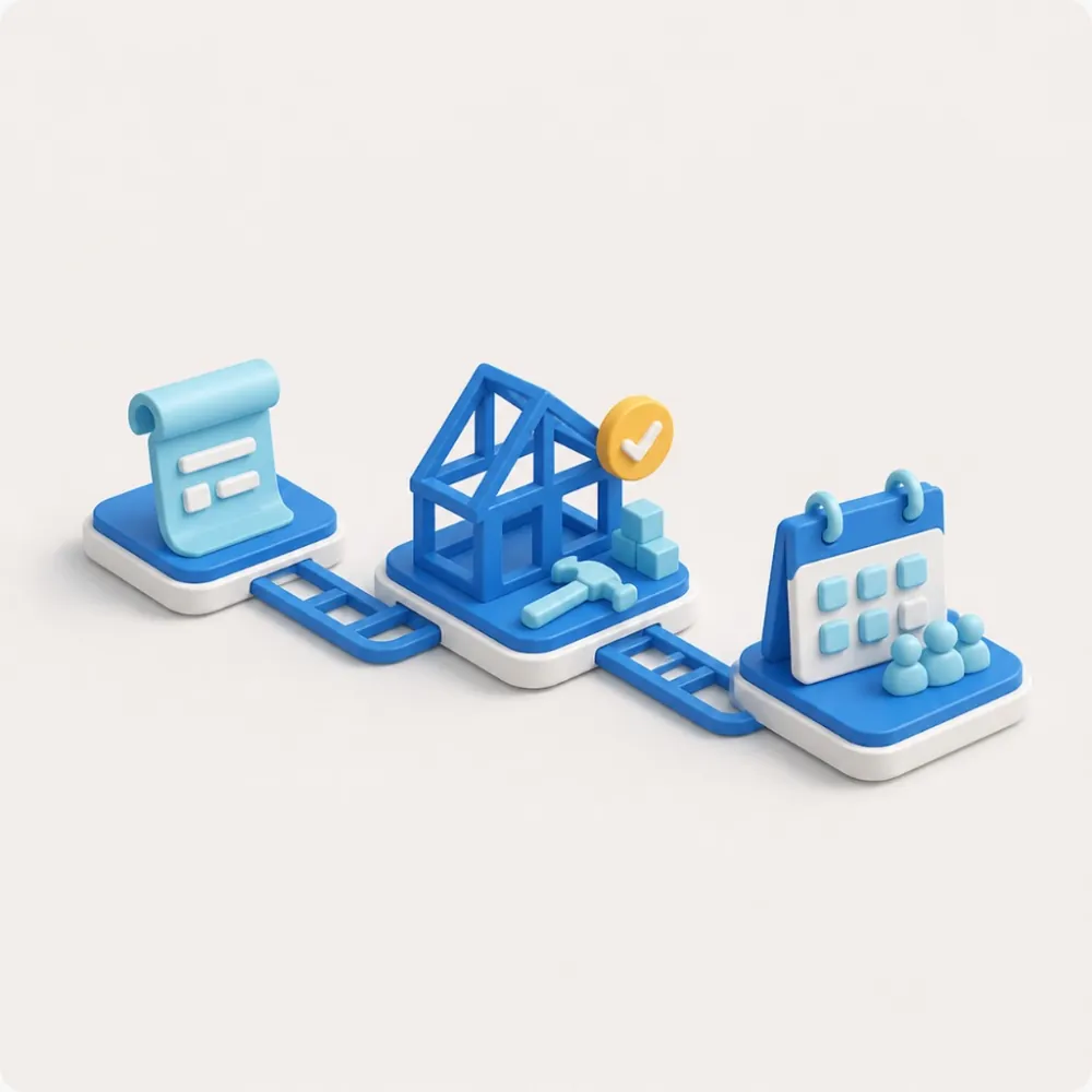 3D illustration of a contractor estimate pipeline from plans to a house build to a scheduled crew