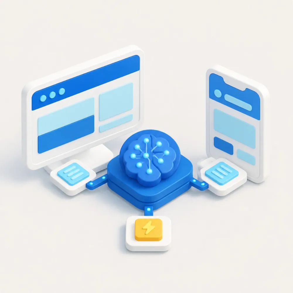 3D illustration of a custom app hub connected to desktop, mobile, and fast-launch modules
