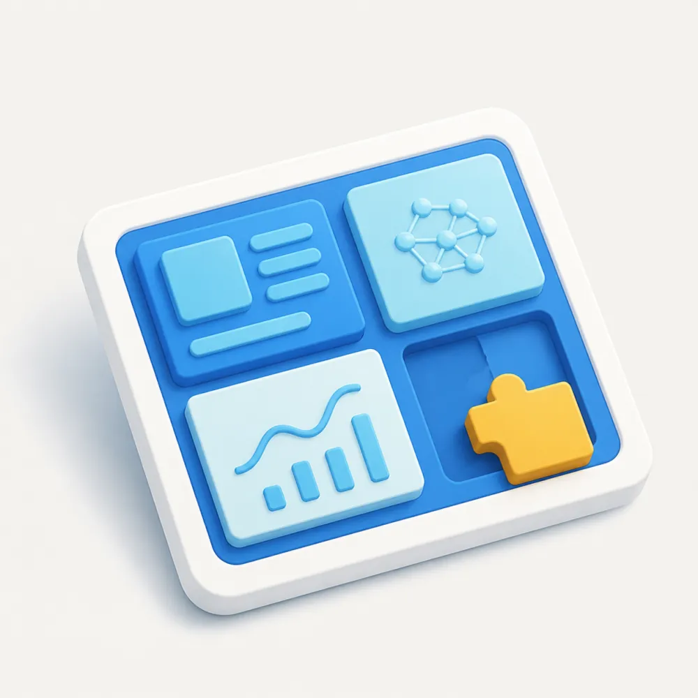 3D illustration of a custom AI app dashboard with interface layout, integrations, analytics, and a puzzle-piece module