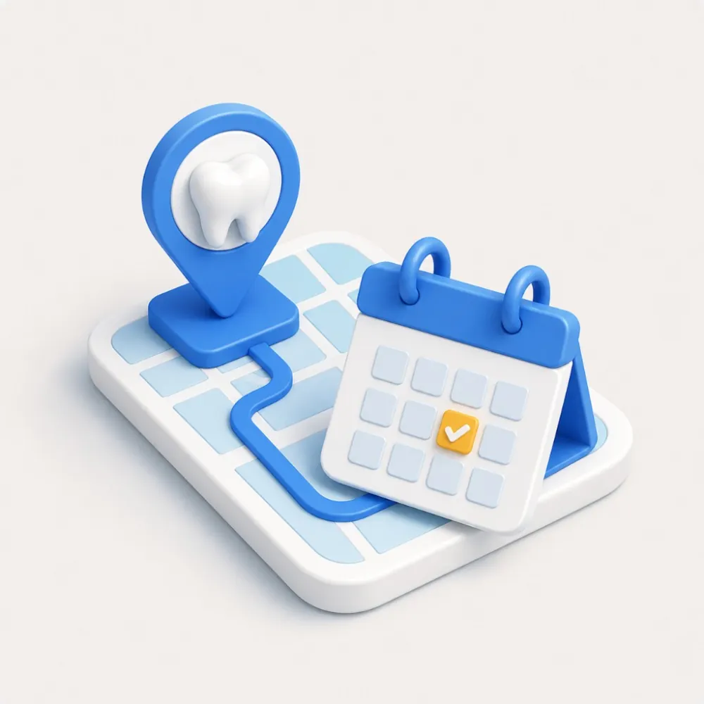 3D illustration of a dental map pin with a tooth and a calendar appointment, representing dental patient booking in Toronto