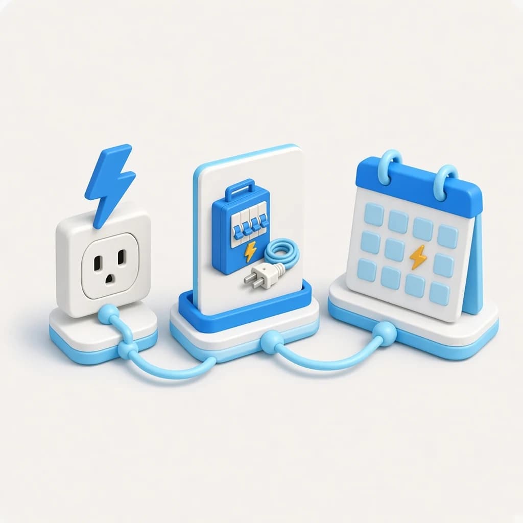 3D illustration of an electrical service-call journey from job search to panel details to a scheduled visit