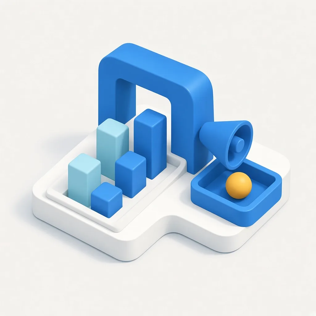 3D illustration of a full growth system with a performance chart, a campaign horn, and a qualified lead