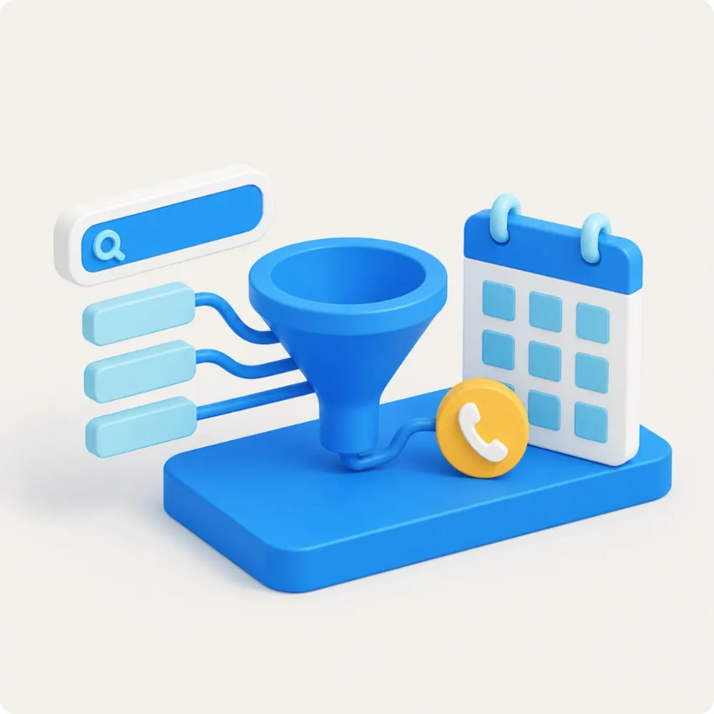 3D illustration of a Google Ads lead funnel connecting search, form fields, calendar, and a call button