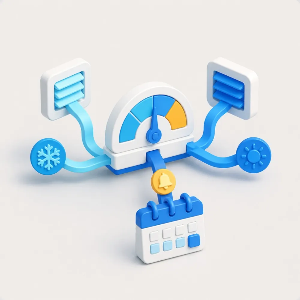 3D illustration of an HVAC control hub with heating, cooling, vents, and a service calendar for seasonal demand