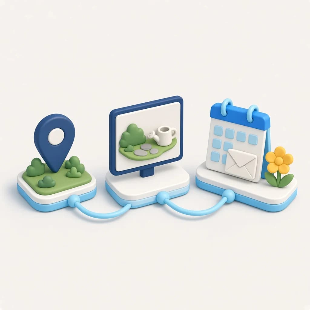 3D illustration of a landscaping estimate journey from yard search to project scope to a quote request
