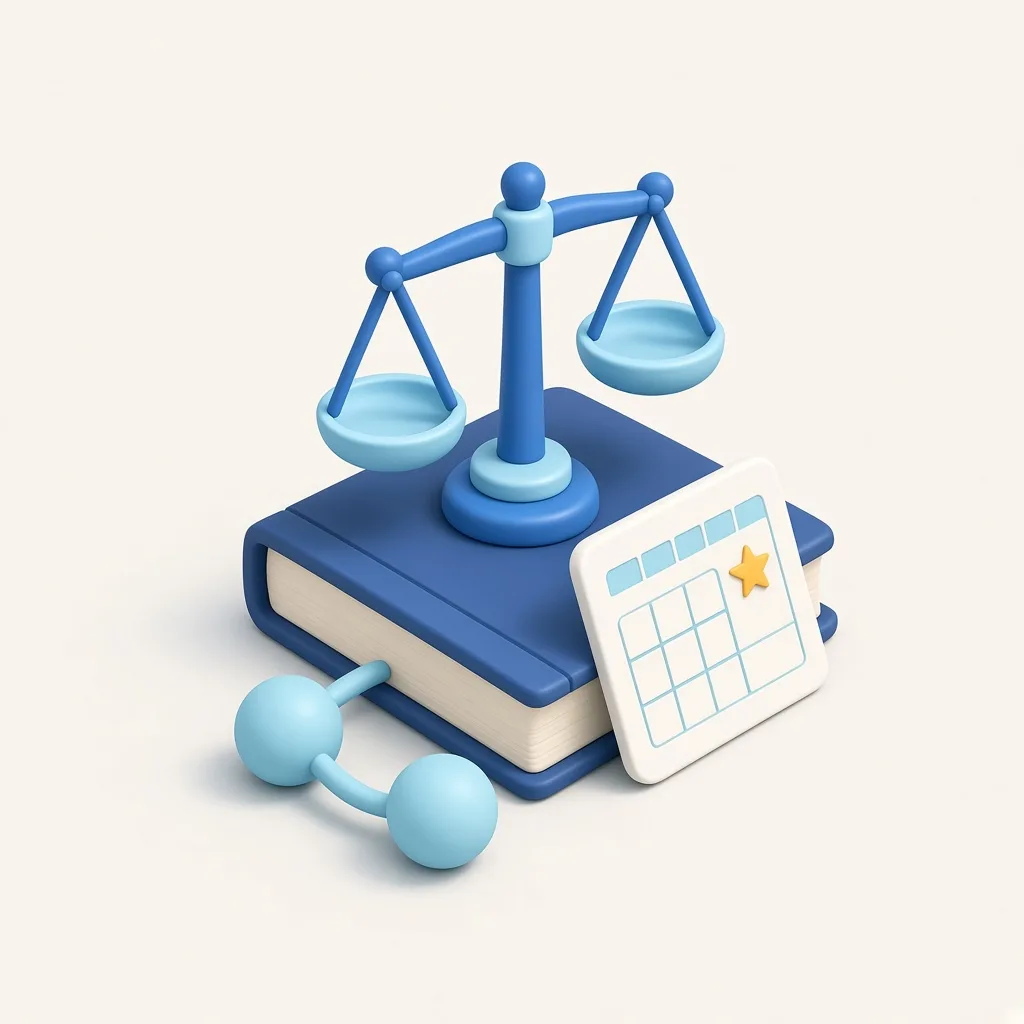 3D illustration of scales of justice on a law book beside a consultation calendar