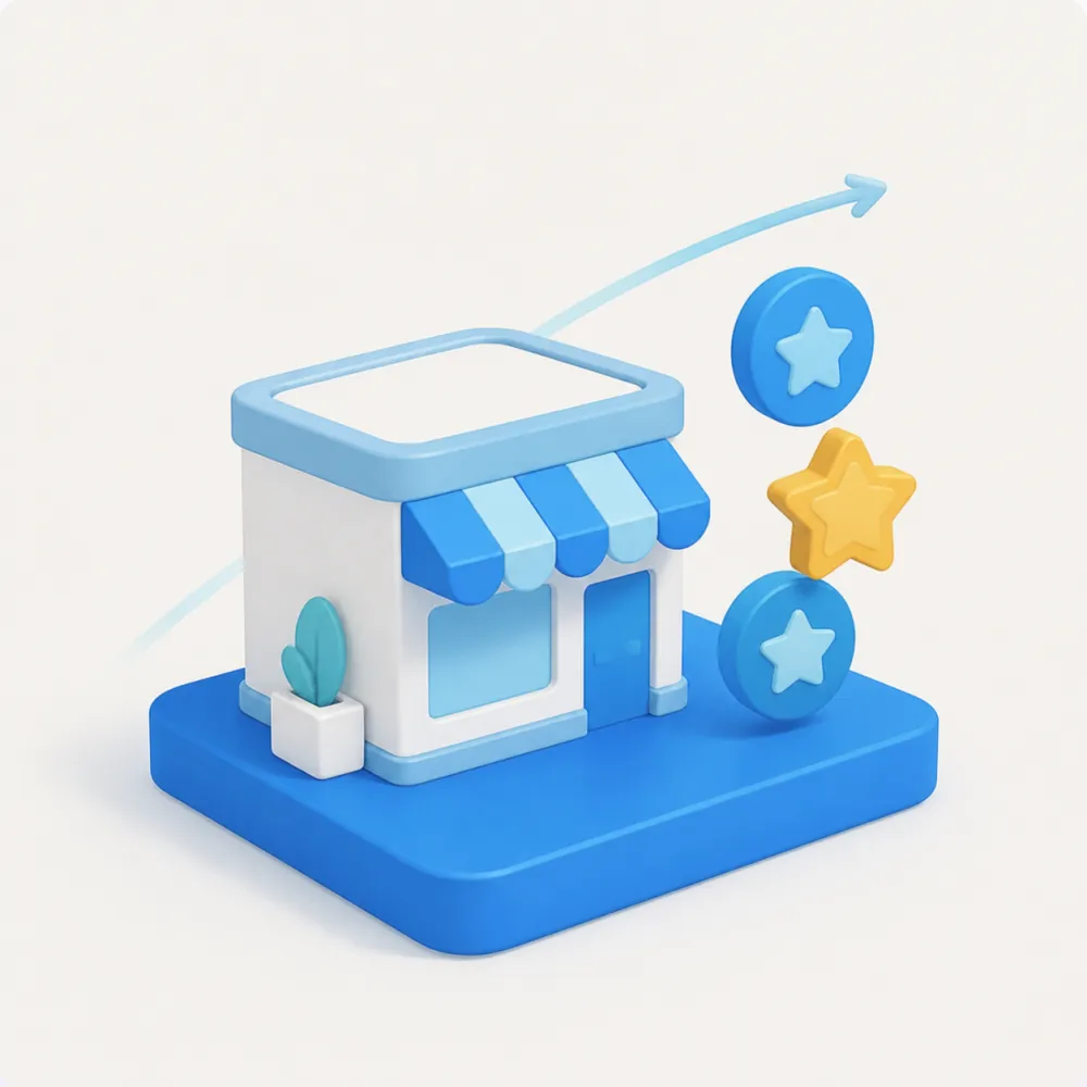 3D illustration of a local storefront with rising growth and star-rating review icons for Google Business Profile reputation