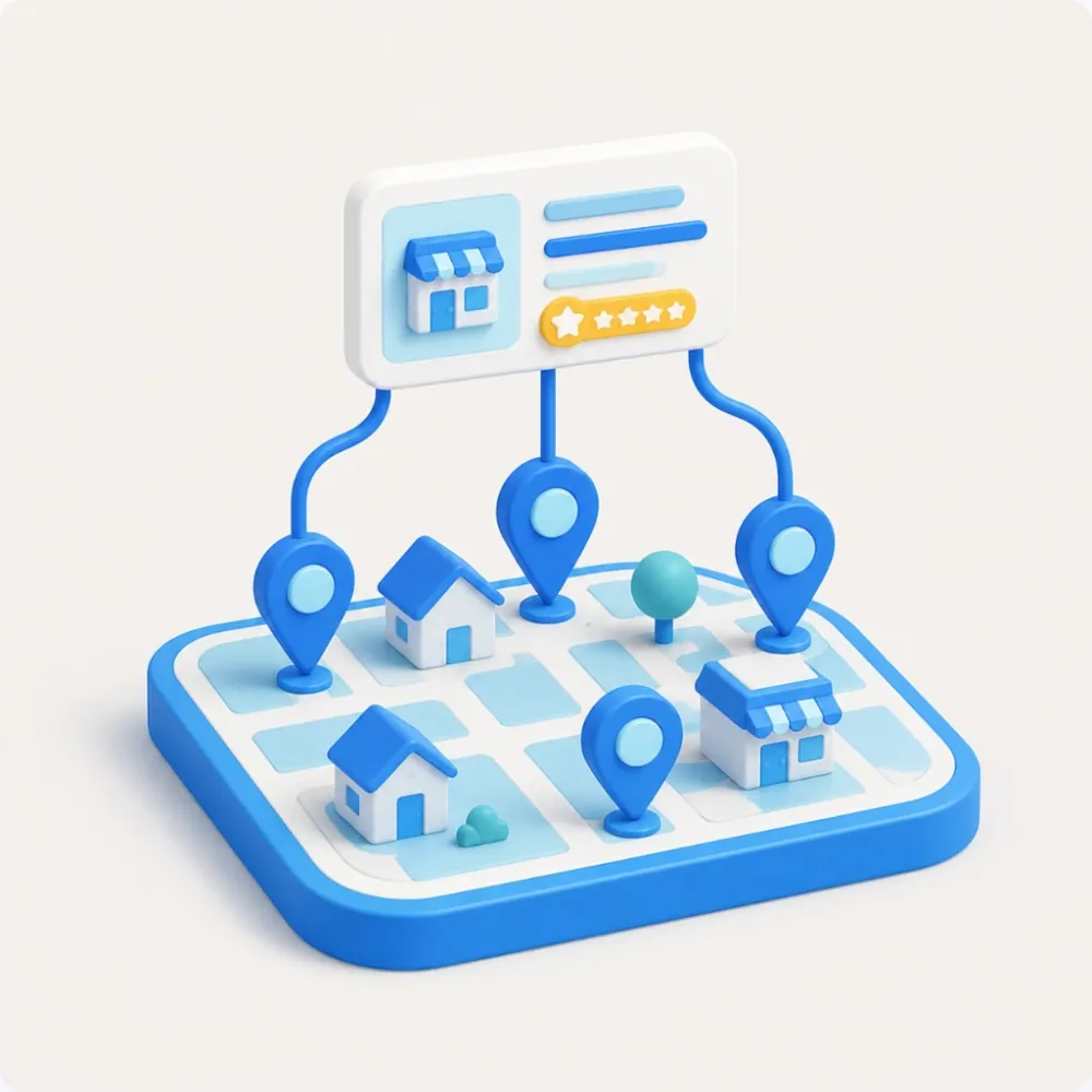 3D illustration of a local map with business pins and a Google Business Profile card with star ratings