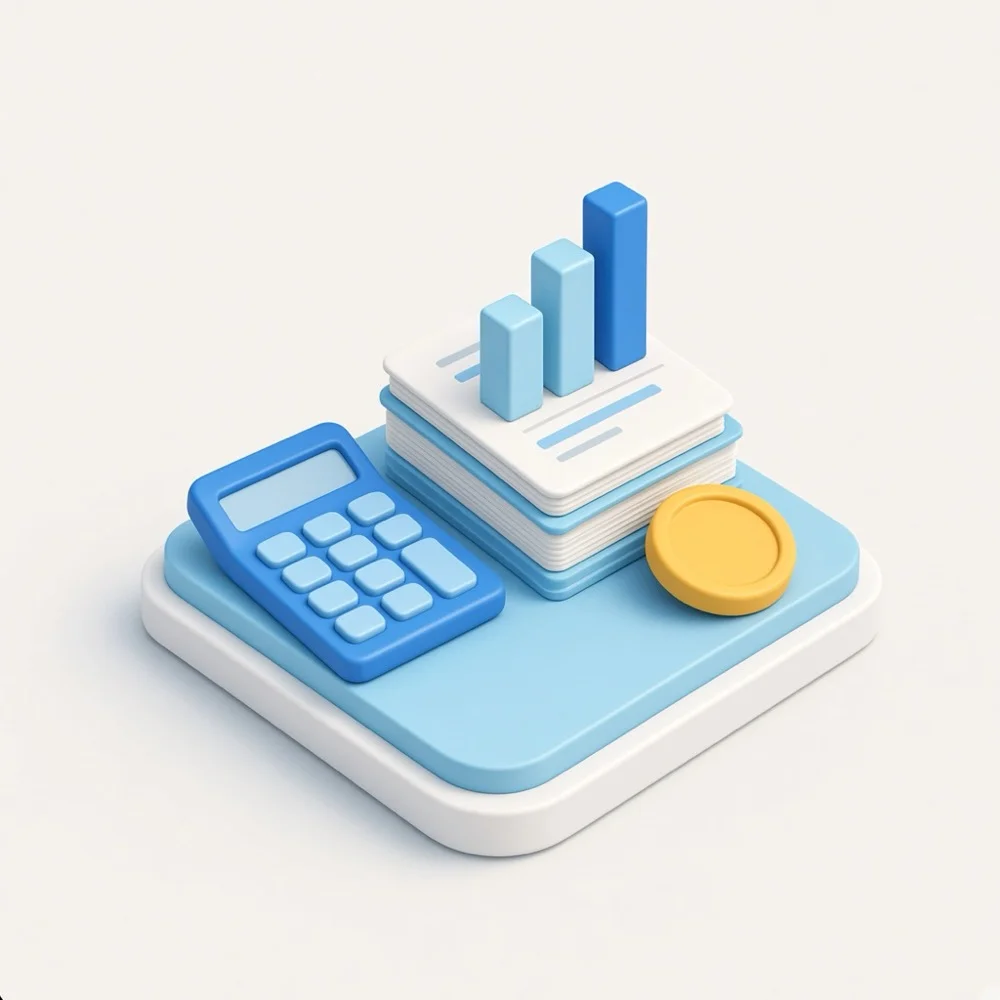 3D illustration of a calculator, documents, and a coin accent, representing accountant marketing in Toronto