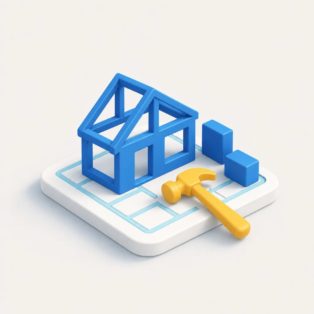 3D illustration of a house frame on a blueprint with a hammer, representing contractor marketing and home-building services in Toronto
