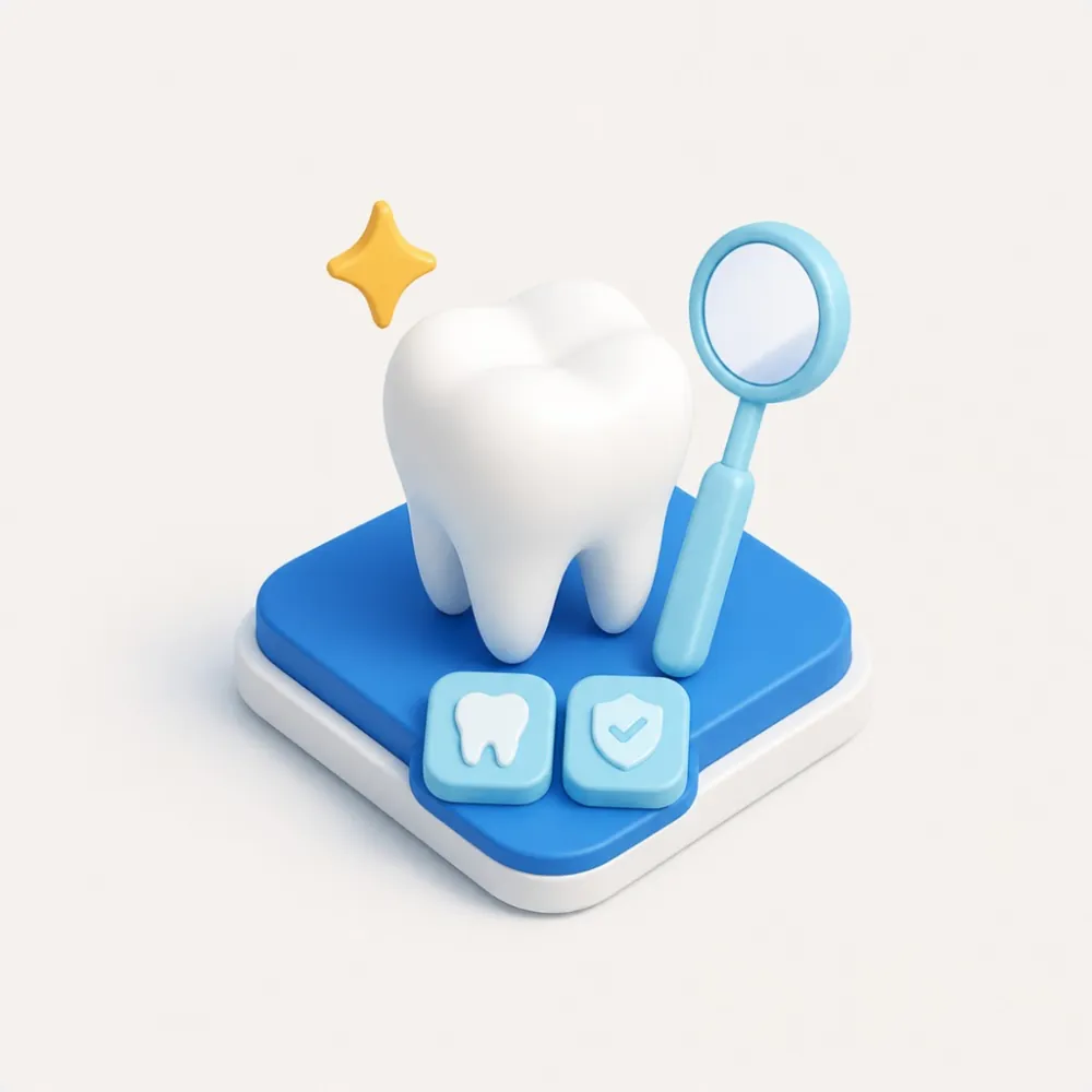 3D illustration of a molar tooth, dental mirror, and protection badge, representing dental marketing and oral health clinics in Toronto