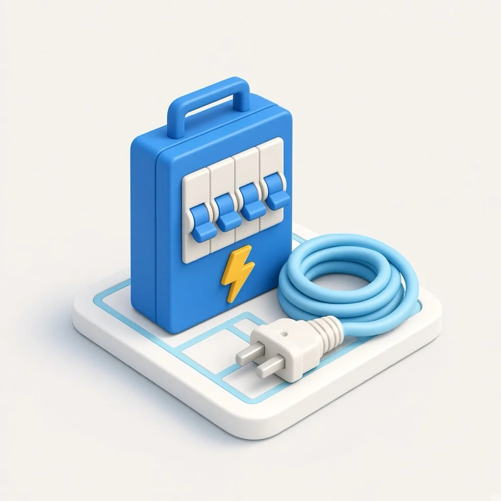 3D illustration of an electrical panel, a plug, and a lightning accent, representing electrician marketing in Toronto