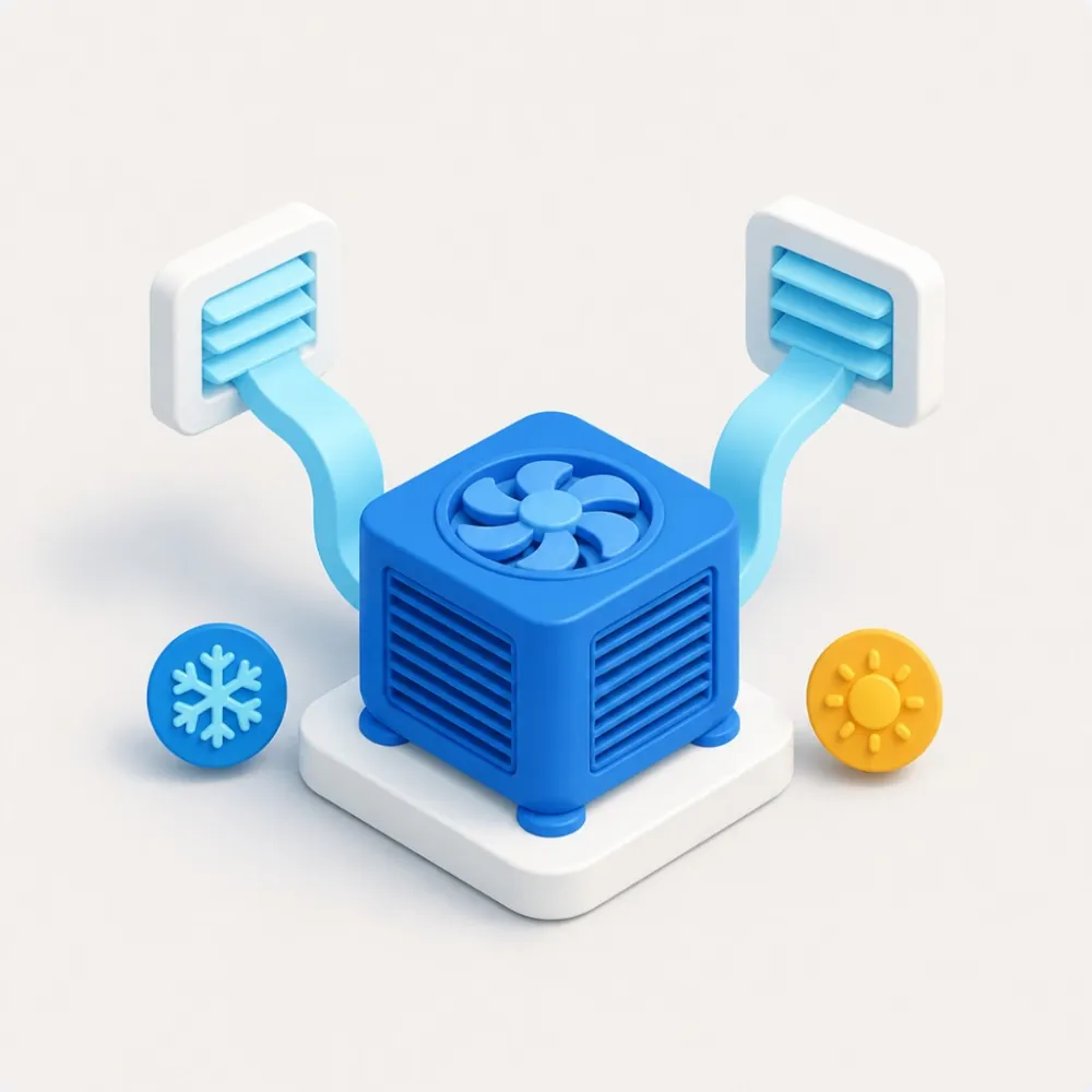 3D illustration of an HVAC outdoor unit with heating and cooling icons, representing HVAC marketing for heating and air conditioning companies in the GTA