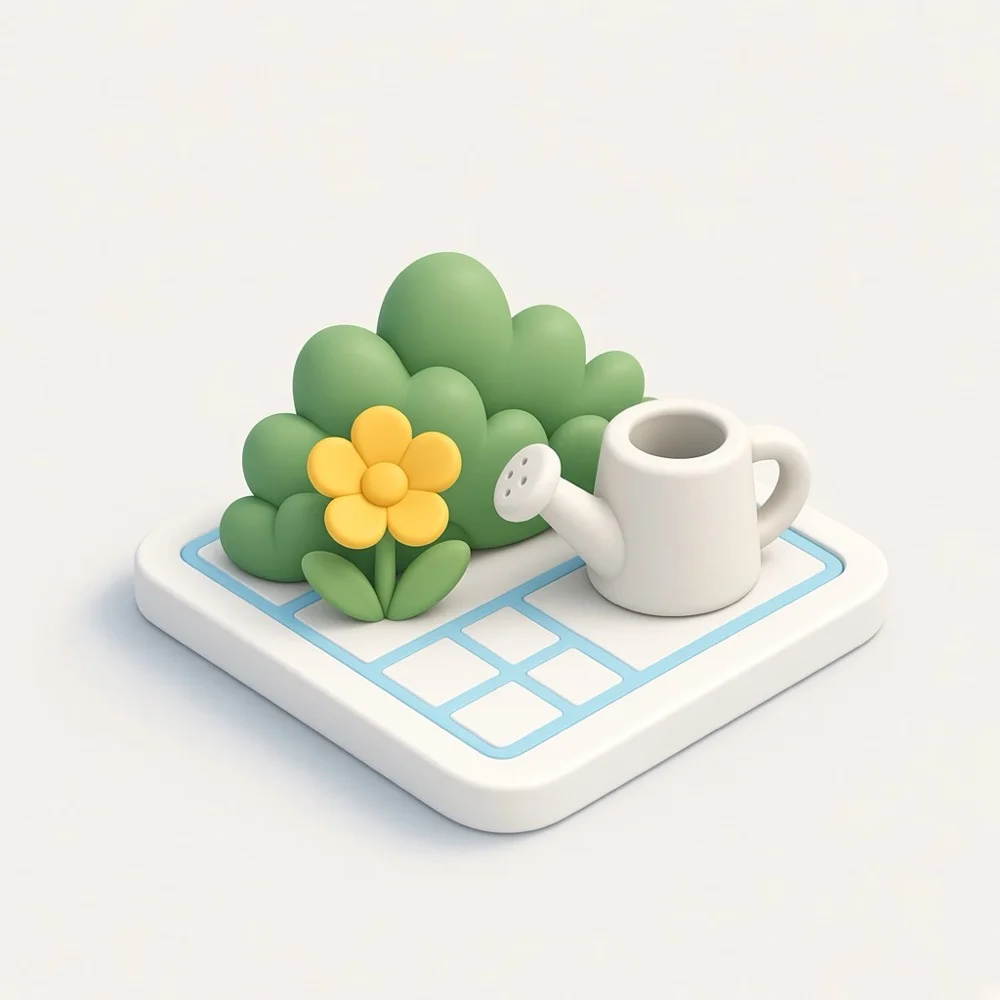 3D illustration of landscaped shrubs, a watering can, and a yellow flower, representing landscaper marketing in Toronto