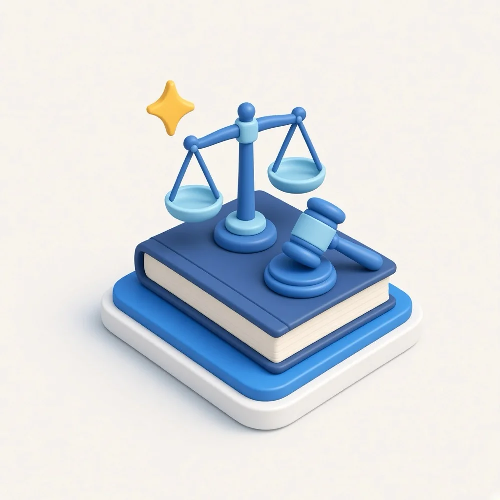 3D illustration of a gavel, scales of justice, and a law book, representing law firm marketing in Toronto