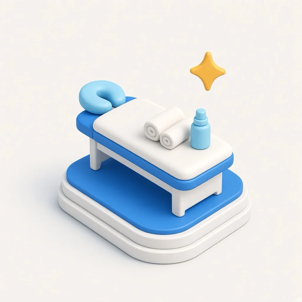 3D illustration of a massage table with rolled towels, spa oil, and a warm stone, representing massage therapist marketing in Toronto