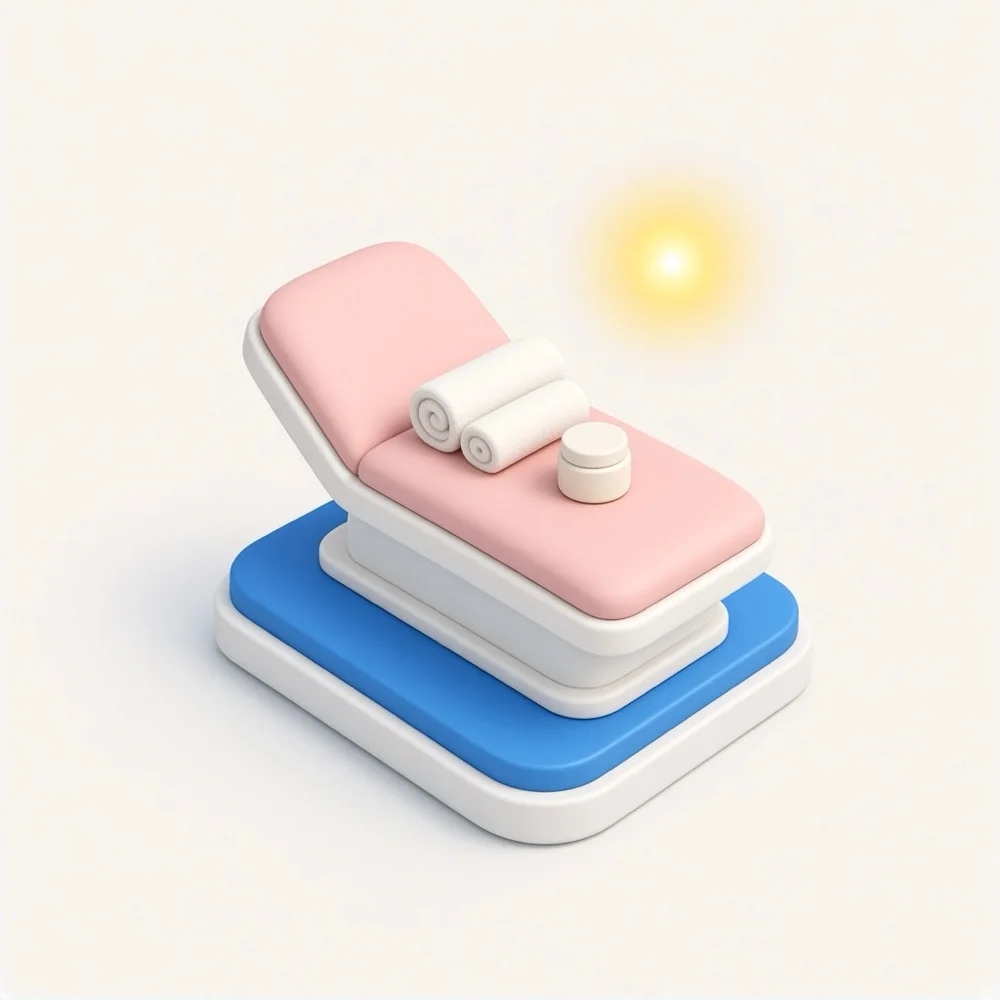 3D illustration of a treatment bed with spa towels and a cream jar, representing med spa marketing in Toronto