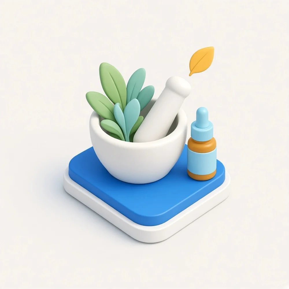 3D illustration of a mortar and pestle with botanical leaves and a dropper bottle, representing naturopath marketing in Toronto