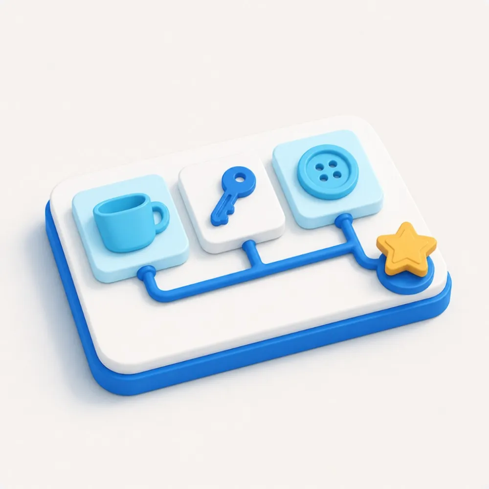3D illustration of everyday-task icons connected to a result, representing occupational therapy marketing and daily living skills