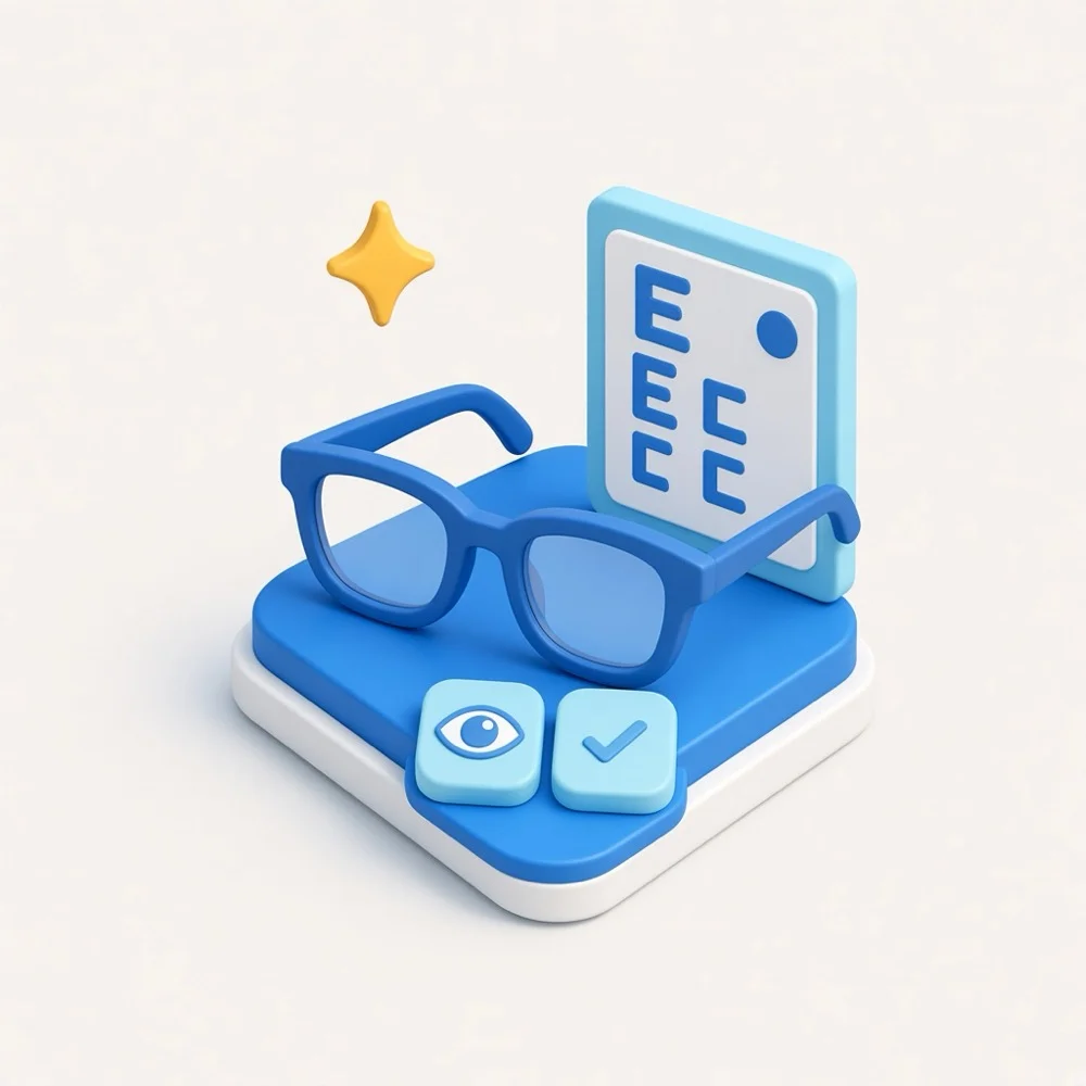3D illustration of eyeglasses, an eye chart card, and an eye icon, representing optometrist marketing in Toronto