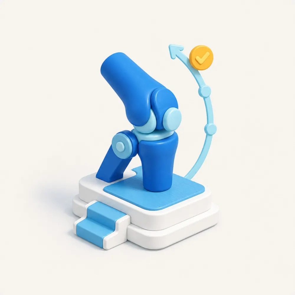 3D illustration of a knee joint on a recovery platform with a progress checkmark, representing physiotherapy marketing and patient recovery in the GTA