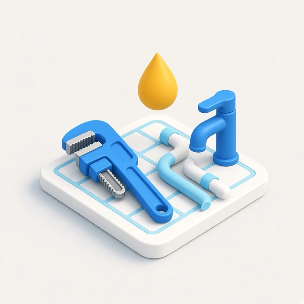 3D illustration of a pipe wrench, pipes, and a faucet with a water droplet, representing plumber marketing in Toronto