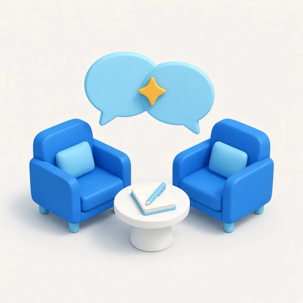 3D illustration of counselling chairs, a notebook, and overlapping thought bubbles, representing psychologist marketing in Toronto