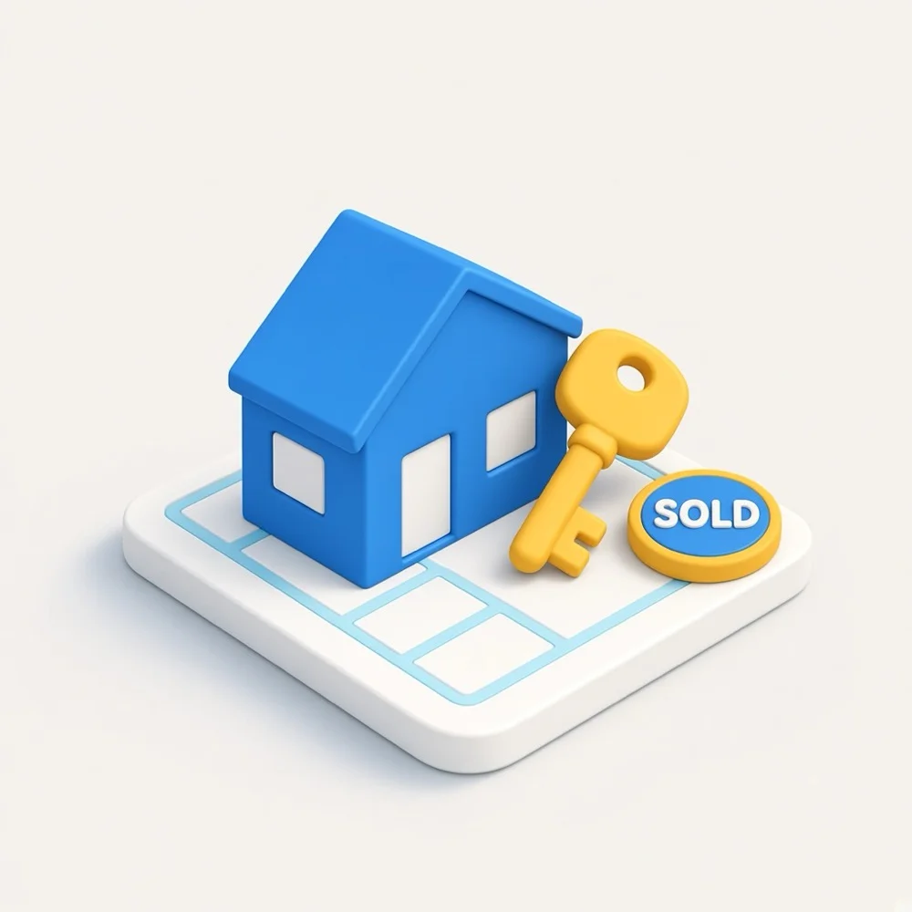 3D illustration of a house with a key and a sold badge, representing real estate agent marketing in Toronto