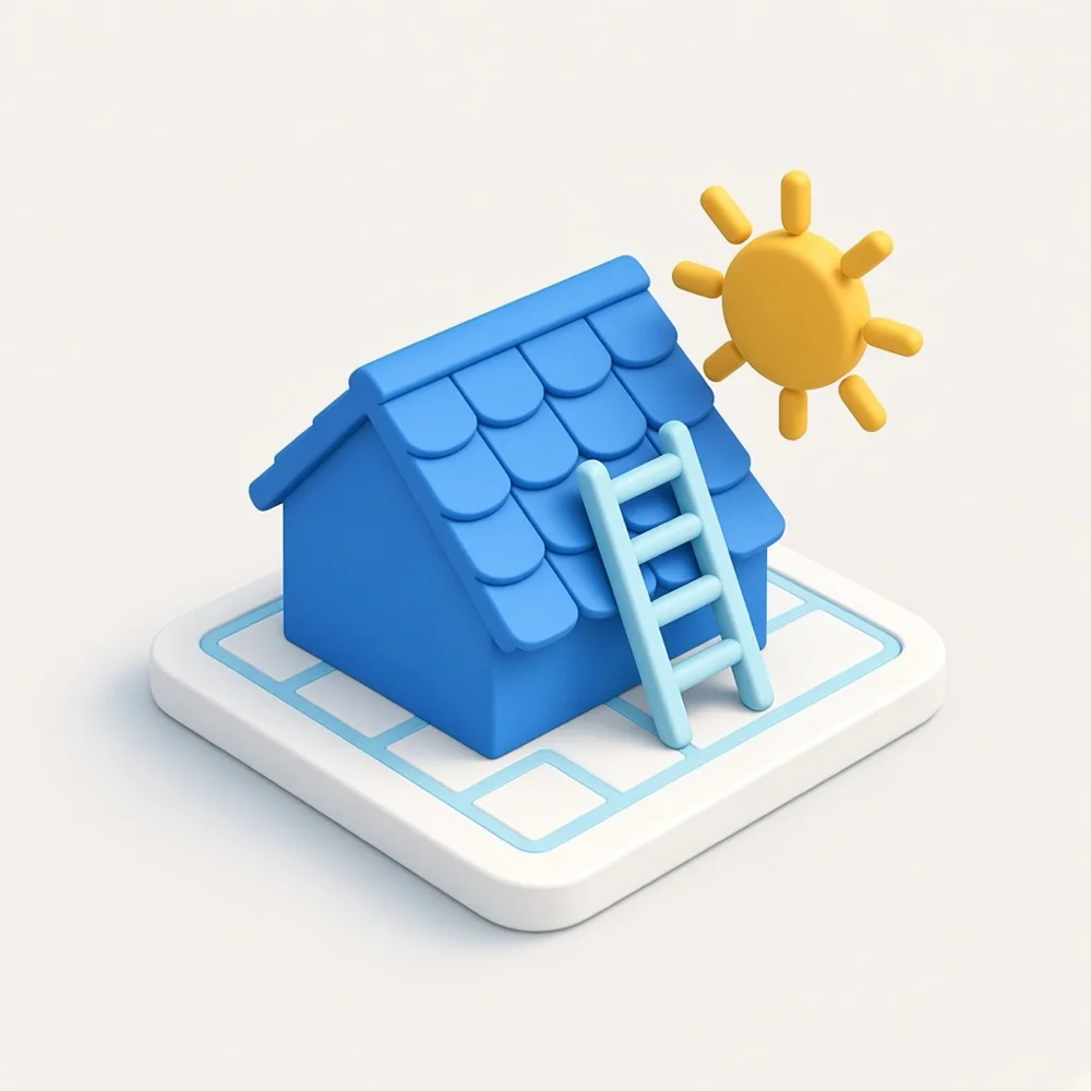 3D illustration of a house roof with a ladder and a sun accent, representing roofer marketing in Toronto