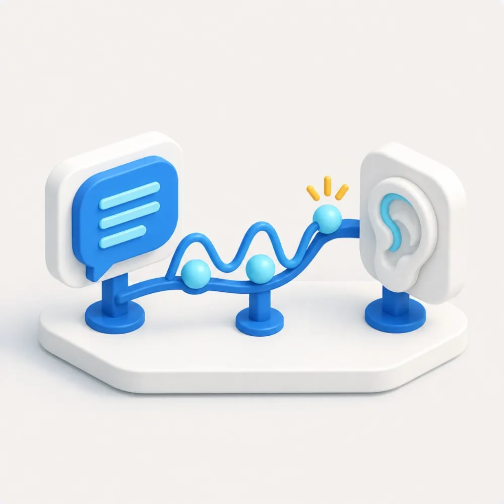 3D illustration of a speech bubble connected to an ear, representing speech-language pathology marketing and communication therapy