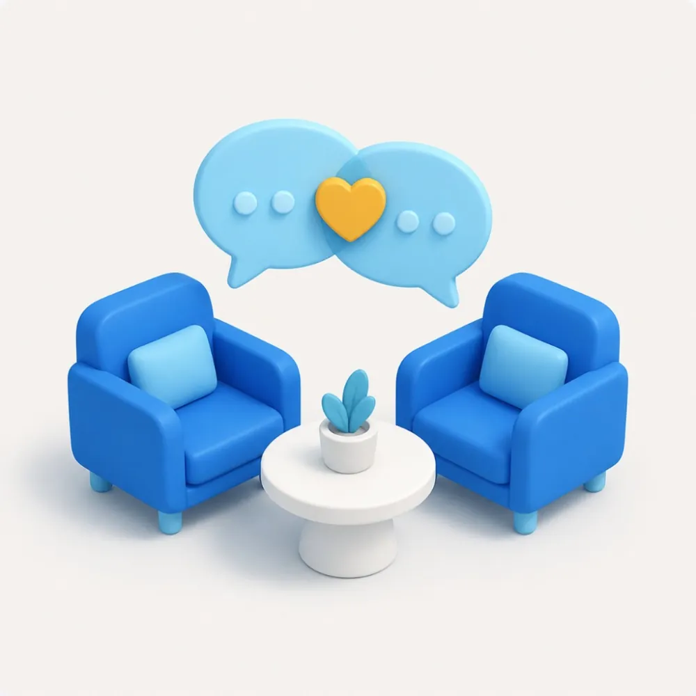 3D illustration of two counselling chairs with overlapping speech bubbles and a heart, representing therapist marketing and client connection in Toronto