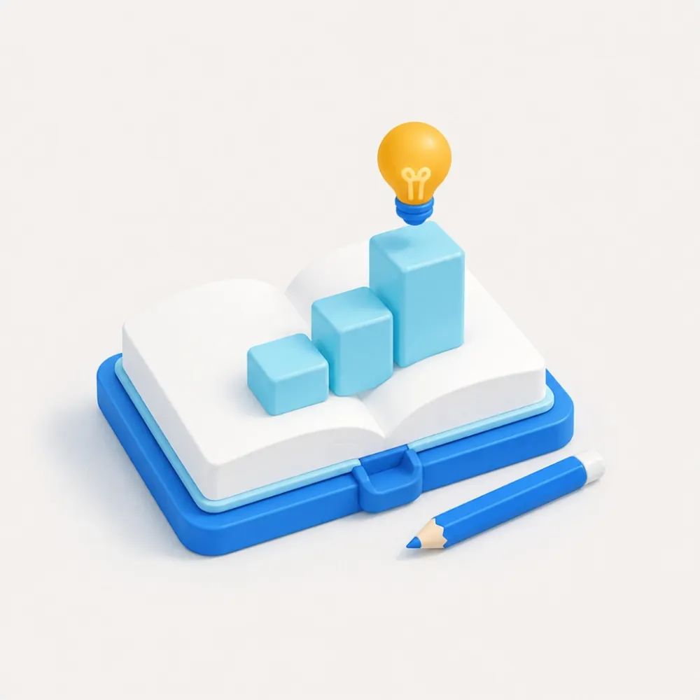 3D illustration of an open book with a rising bar chart, lightbulb, and pencil, representing tutor marketing and student progress