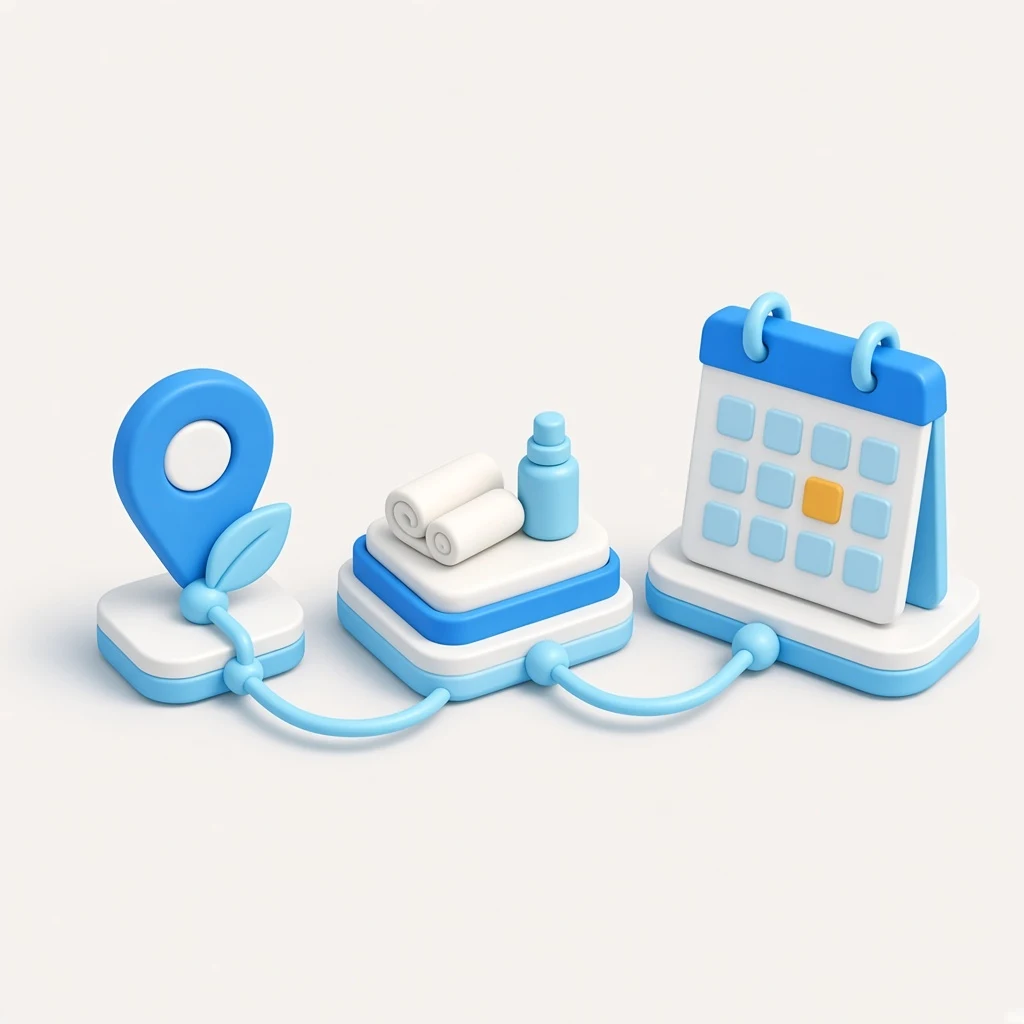 3D illustration of a massage booking journey from local search to treatment details to a calendar appointment