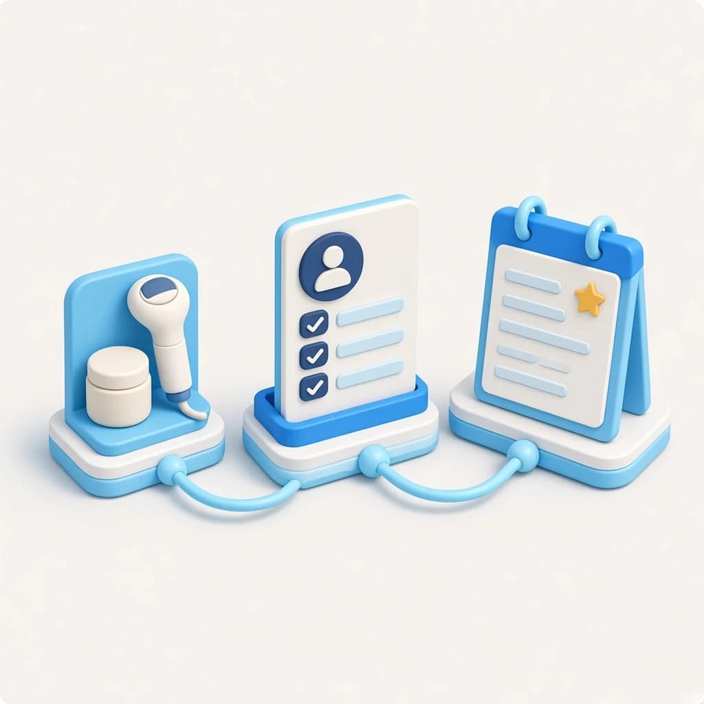 3D illustration of a med spa consult journey from treatment search to clinic clarity to a consultation request