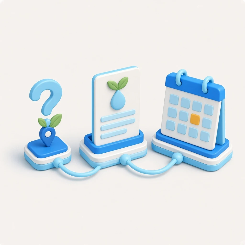 3D illustration of a naturopath visit journey from a question to visit details to an appointment request