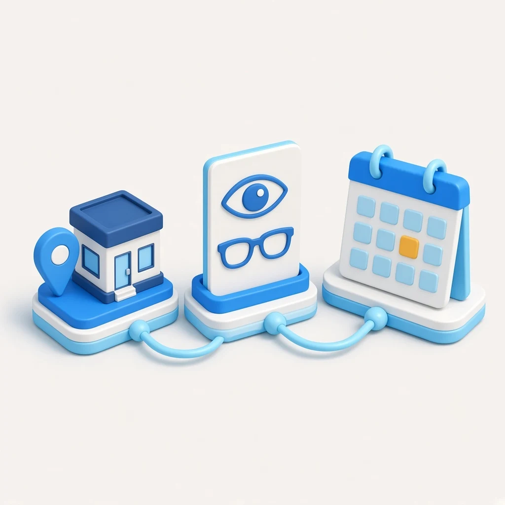 3D illustration of an optometrist exam journey from local clinic search to service clarity to a booked exam