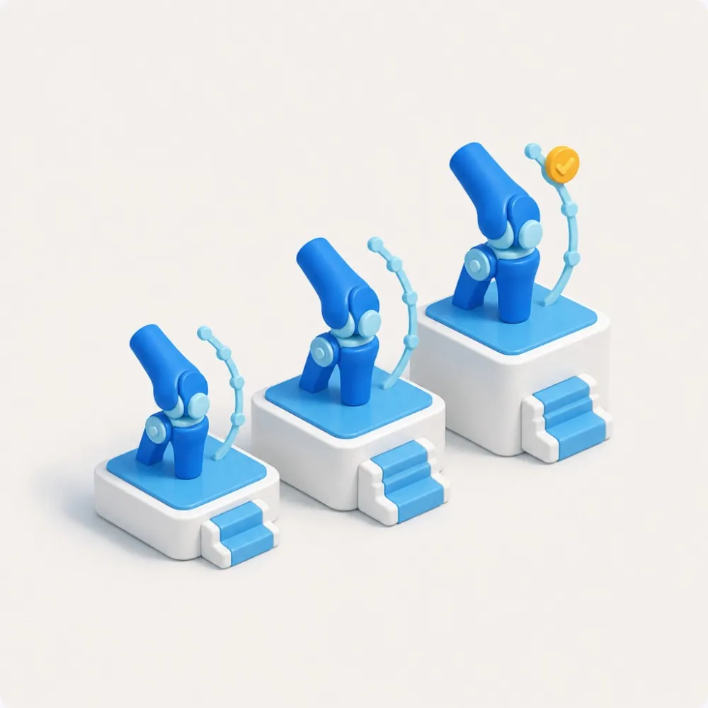 3D illustration of knee-joint rehab milestones on rising platforms with a completion check, representing physiotherapy marketing