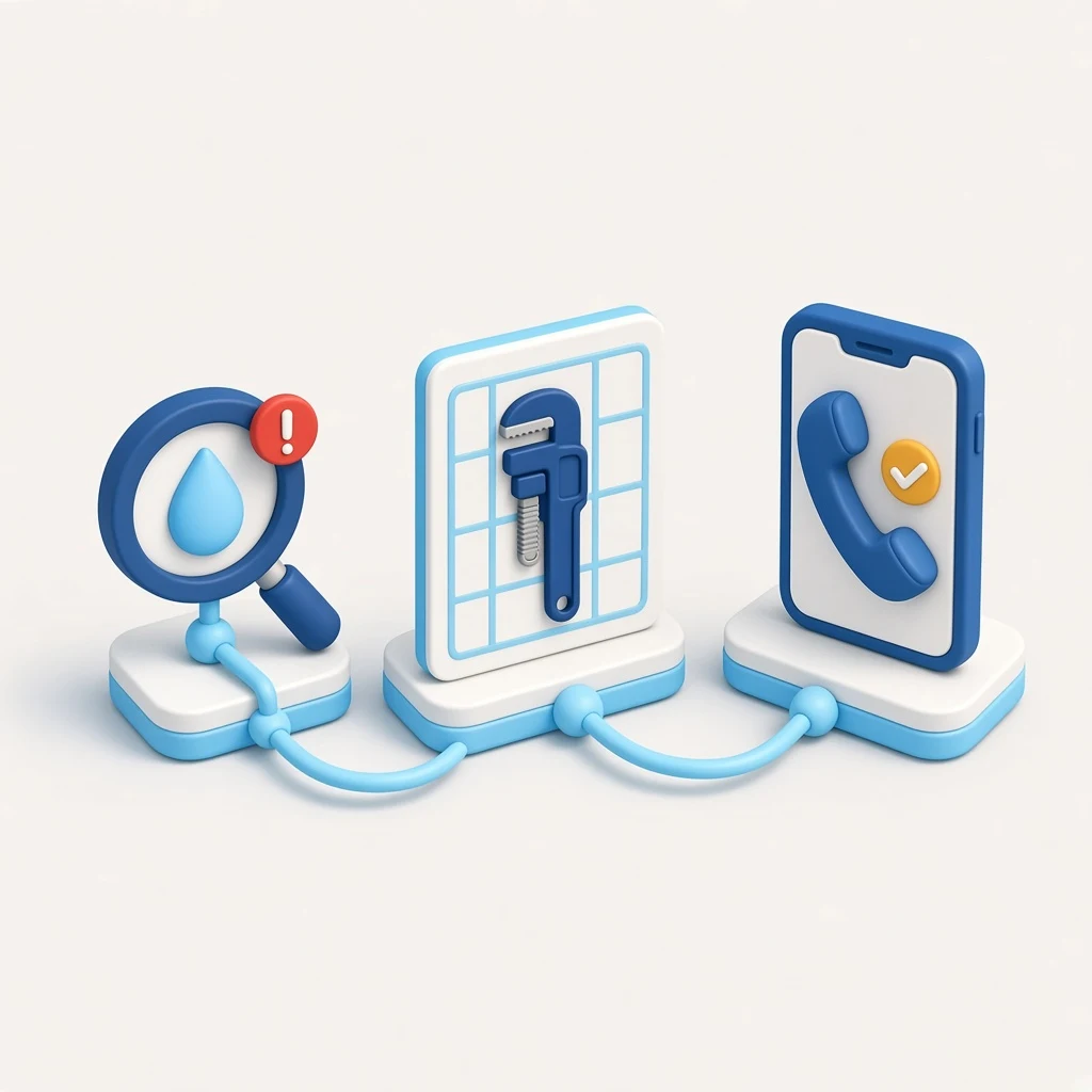 3D illustration of a plumbing service-call journey from urgent search to service area to a qualified dispatch call