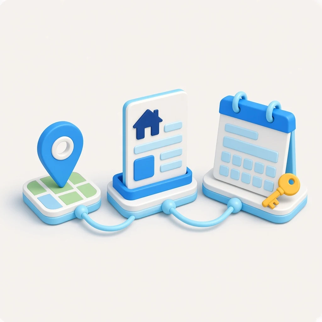 3D illustration of a real estate inquiry journey from neighbourhood search to listing details to an inquiry form