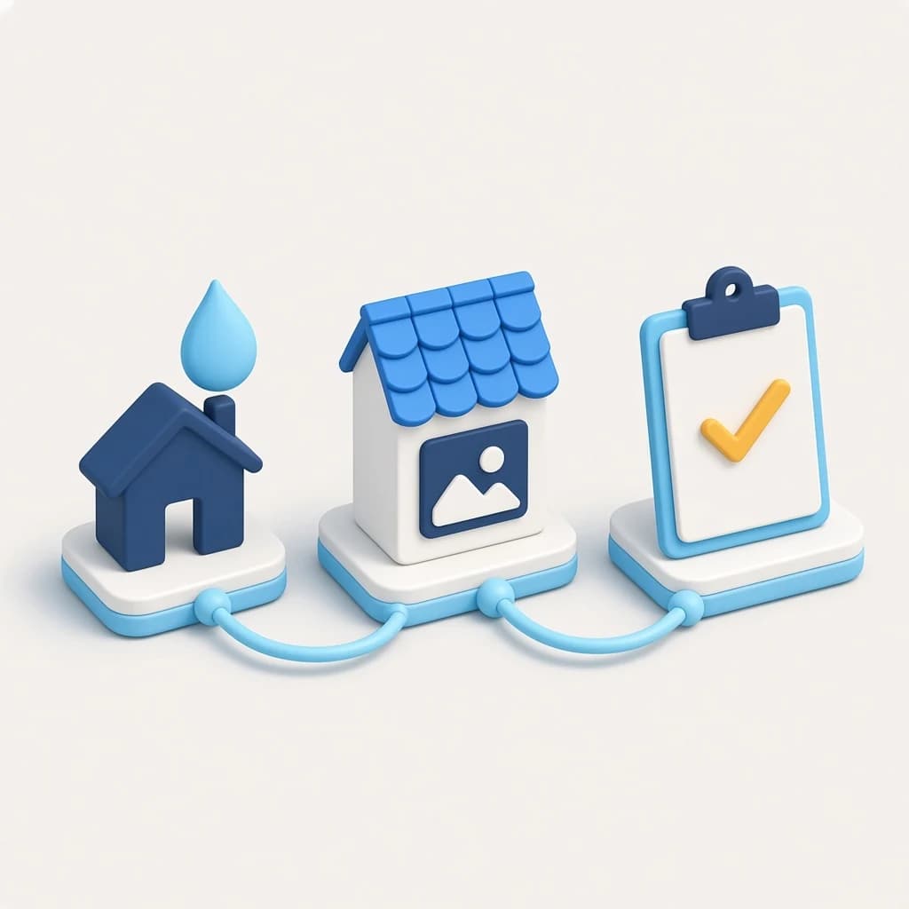 3D illustration of a roofing inspection journey from leak search to project proof to a scheduled inspection