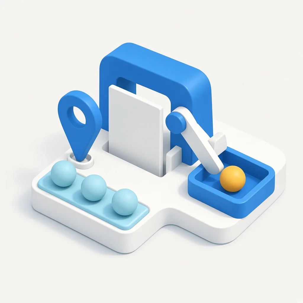 3D illustration of a local search foundation with a map pin, a blank page, and ranking markers
